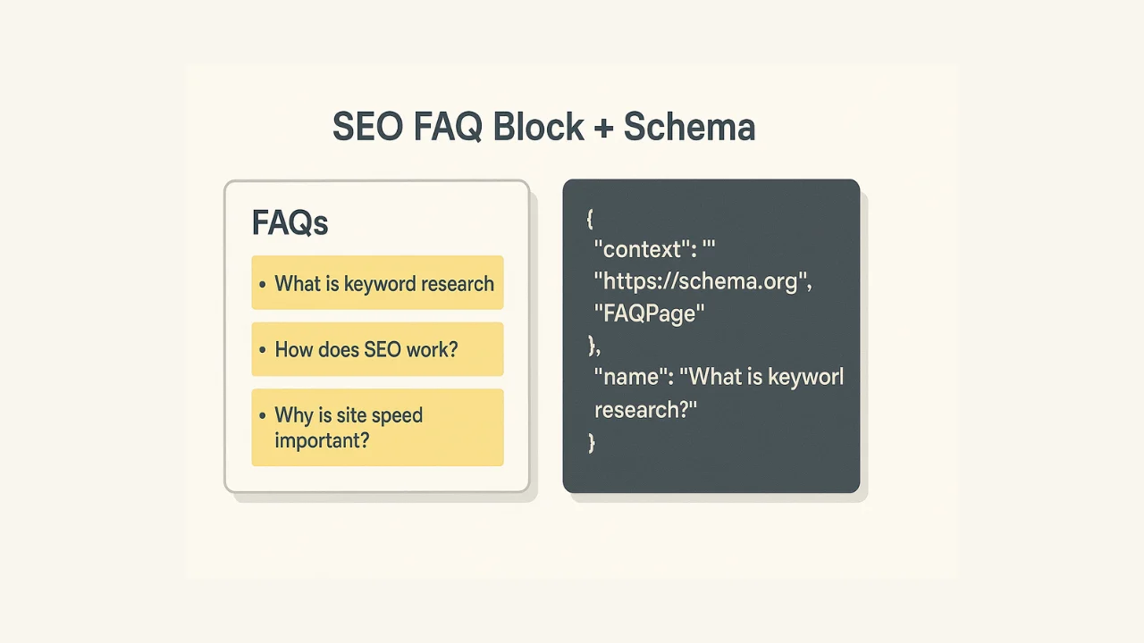 Split screen of an FAQ list and JSON-LD schema markup for SEO.