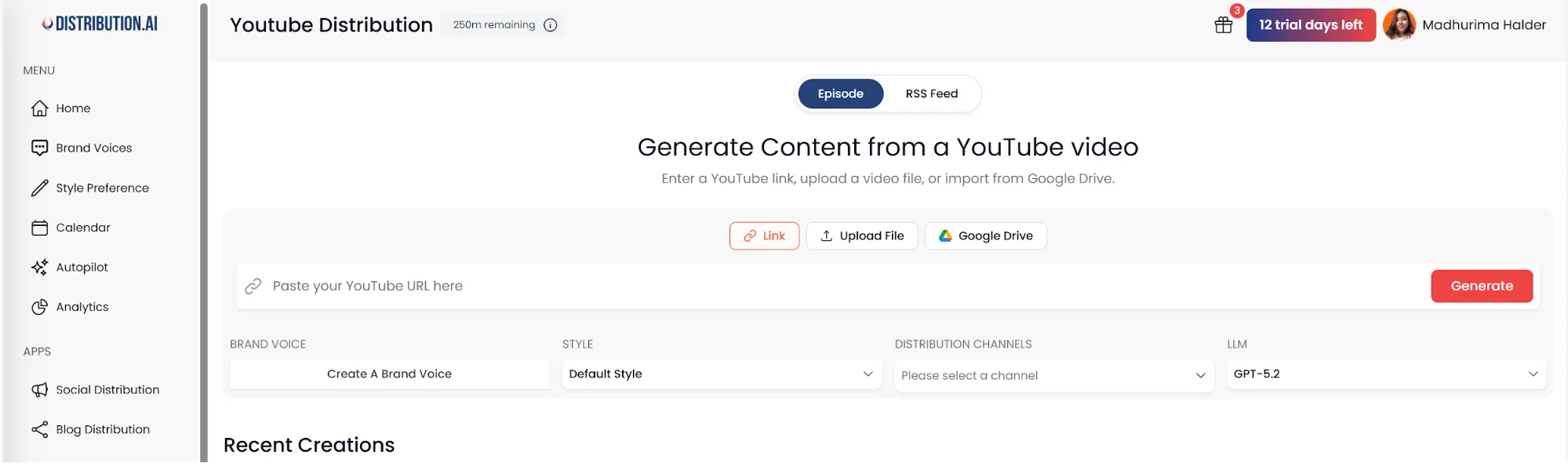 Distribution.ai YouTube distribution dashboard screenshot