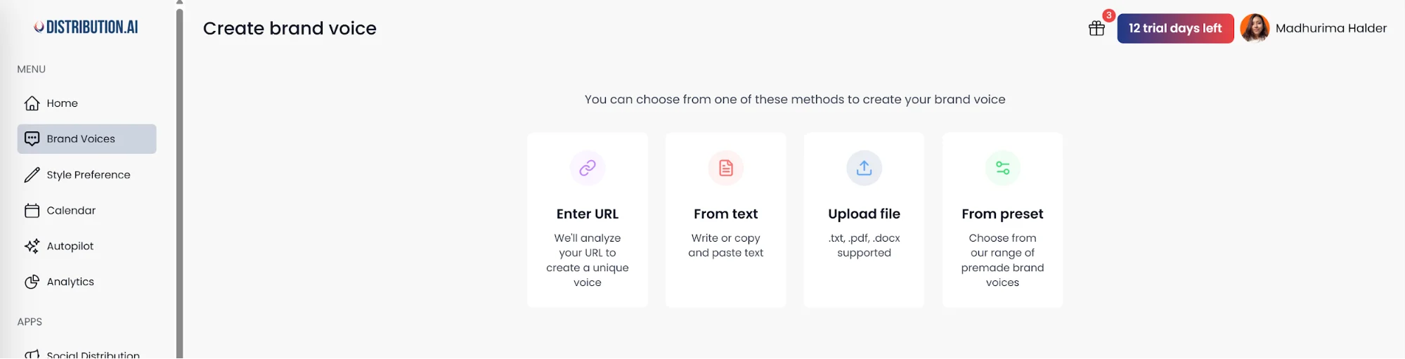 Distribution.ai brand voice setup page screenshot