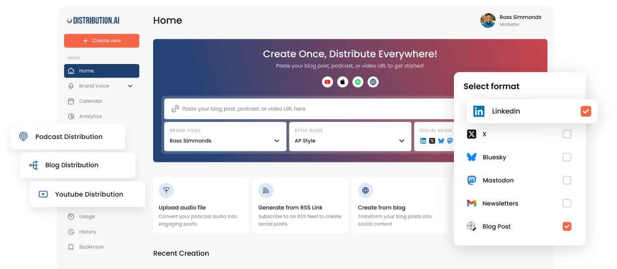 Distribution.ai dashboard showing RSS content automation and multi-platform social distribution options.