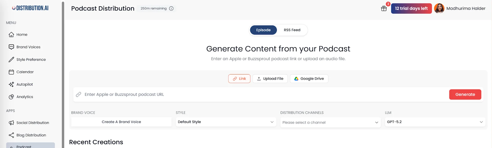 Distribution.ai podcast distribution dashboard screenshot