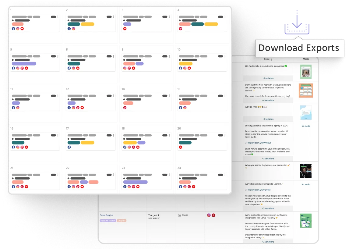 Social media content calendar with scheduled posts grid and export/download options for publishing reports