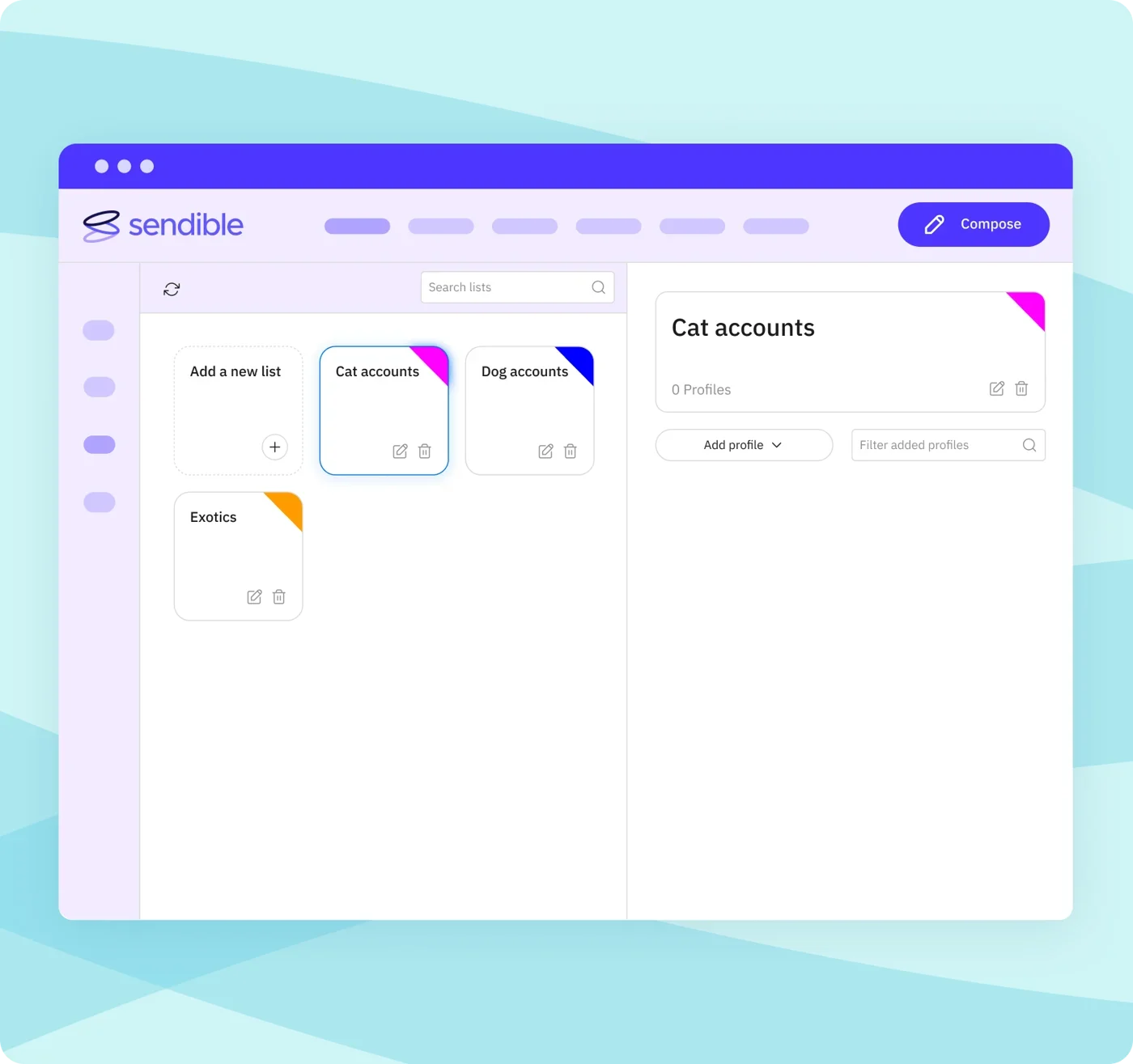 Social media management dashboard showing account lists and profile organization interface