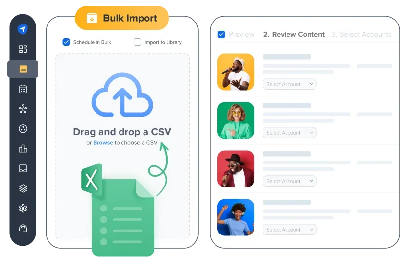 Social media management tool interface showing bulk CSV import and multi-account content review for scheduled posts.