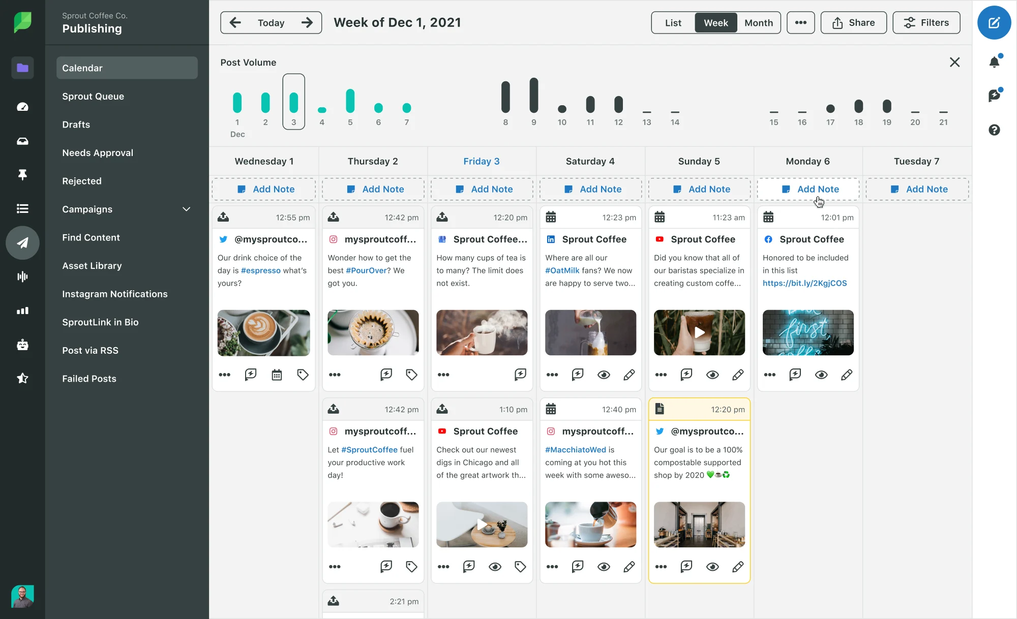 Social media publishing dashboard with weekly calendar view, scheduled posts and multi-channel content management