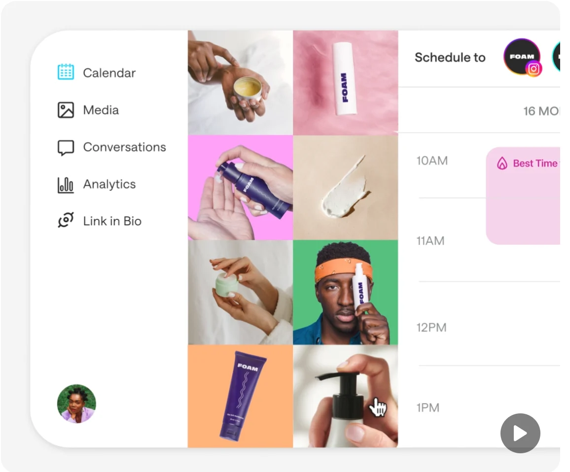 Social media scheduling dashboard with visual media grid and best-time posting calendar view