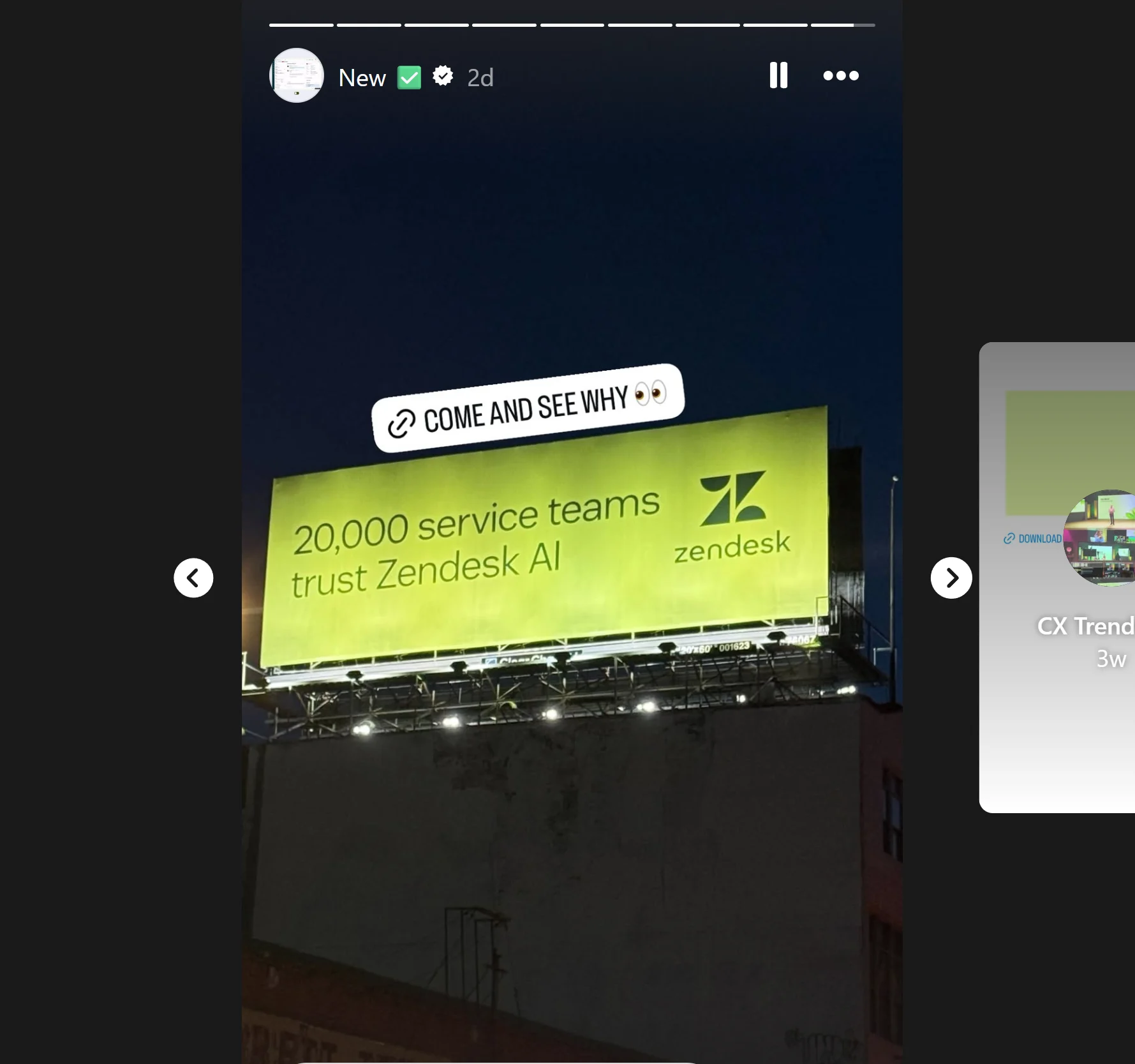 Zendesk’s Instagram story featuring a billboard and an embedded link.