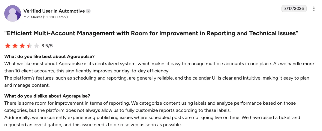 Agorapulse - Efficient Multi-Account Management with Room for Improvement in Reporting and Technical Issues
