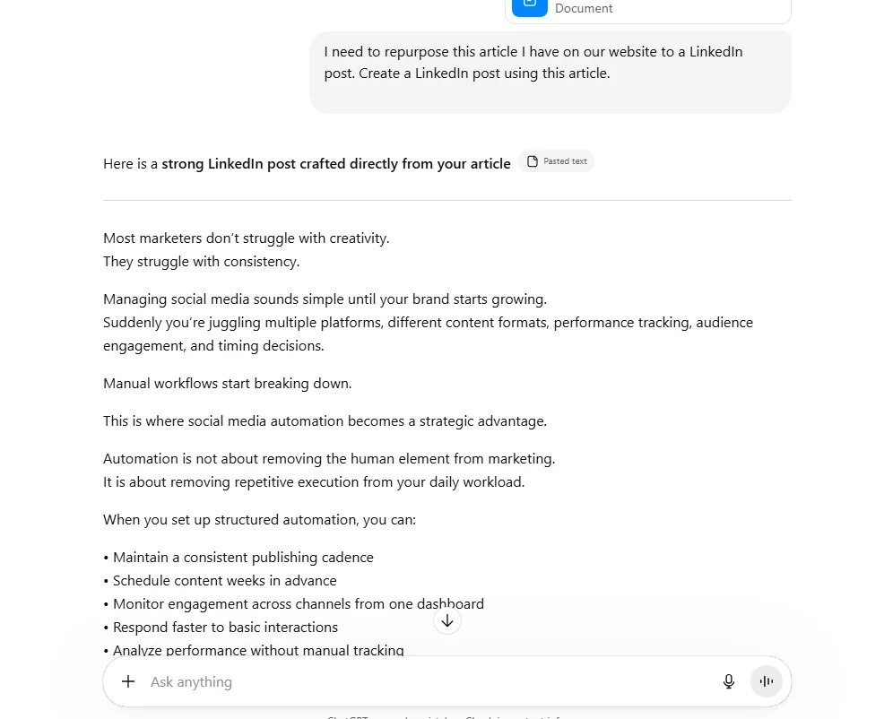 ChatGPT generating content for LinkedIn post based on a blog article