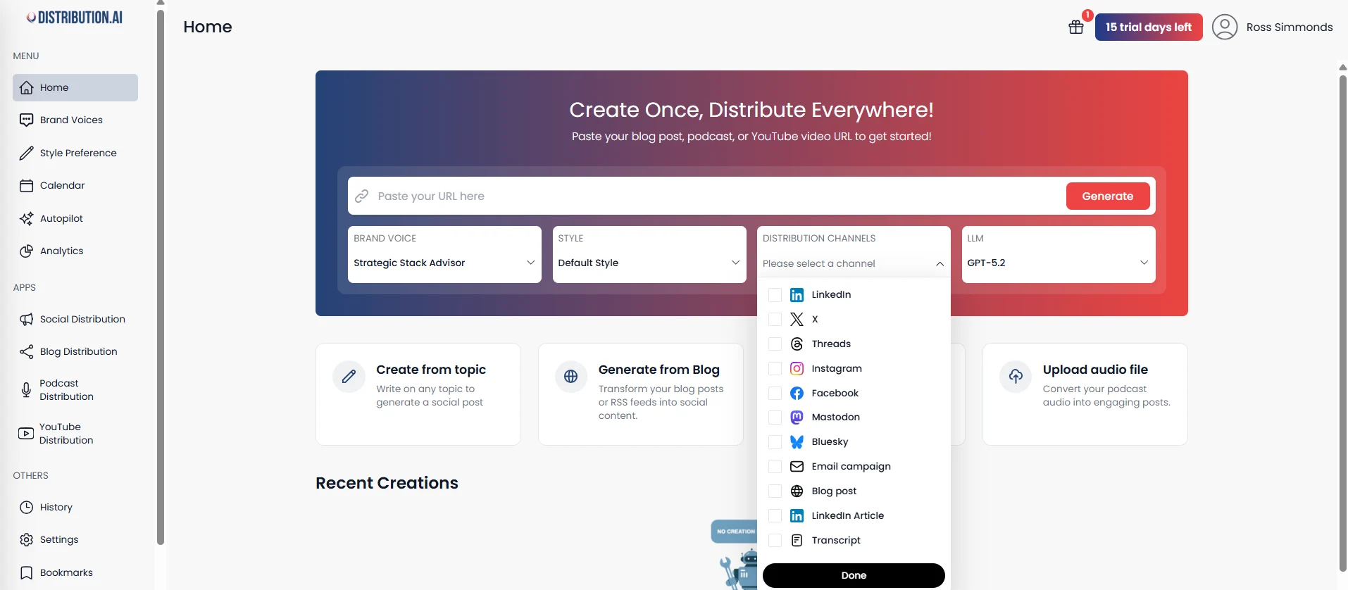 Distribution.ai home screen with URL input, channel selector, and brand voice settings