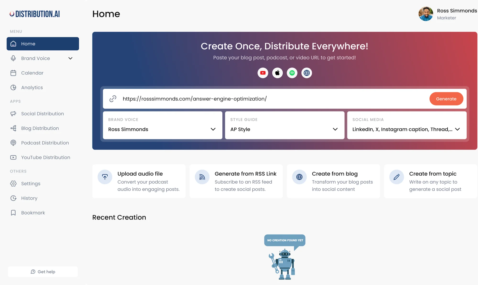Distribution.ai homepage showing blog content repurposing features