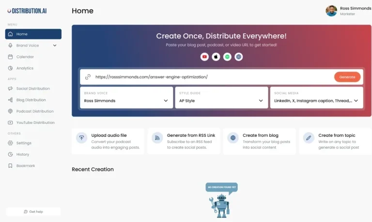 Distribution.ai’s homepage showing all content repurposing features