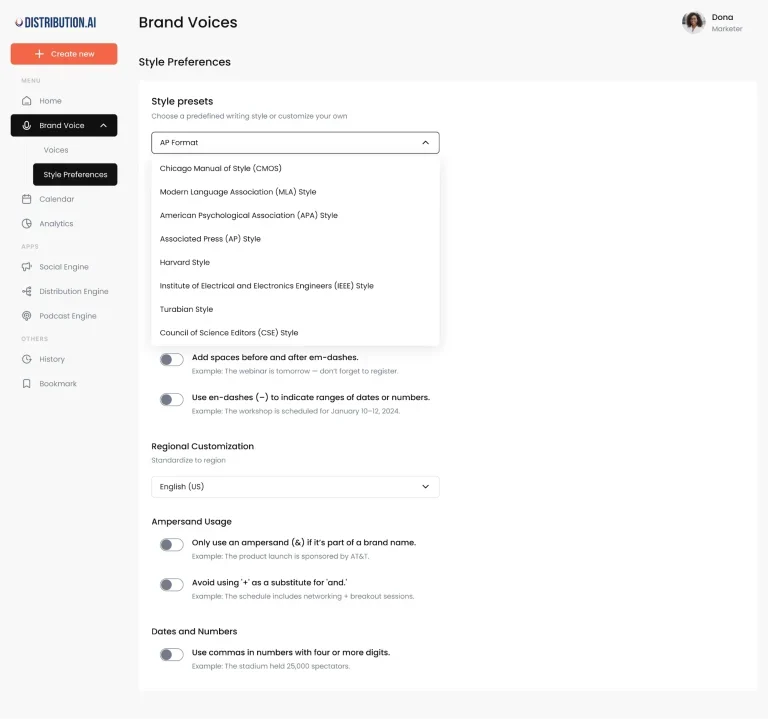 Distribution.ai’s tone and style customization options