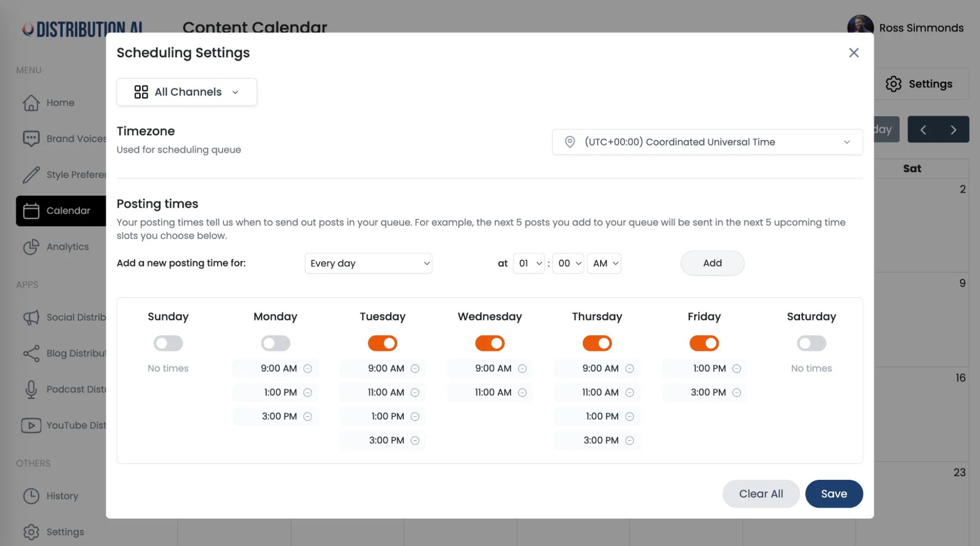 Distribution.ai's content scheduling feature.