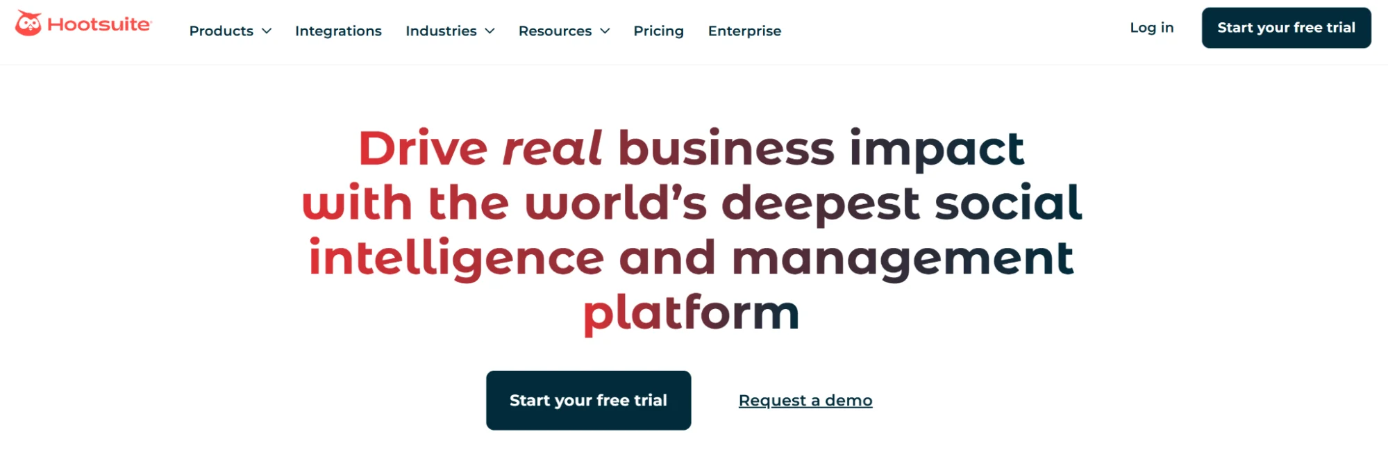 Hootsuite homepage sharing the platform’s key capabilities.