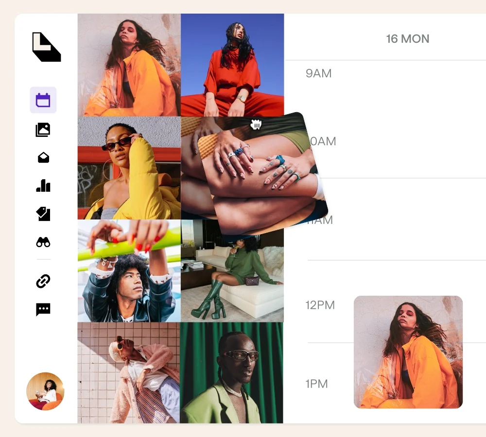 Later’s social media scheduling calendar showing the drag-and-drop feature.