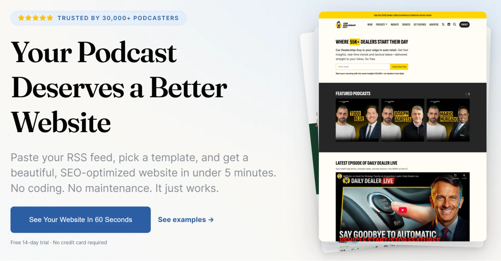 Podpage hero section with examples of custom podcast websites
