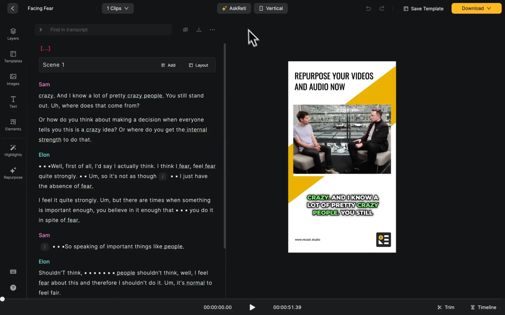 Recast Studio podcast repurposing feature.