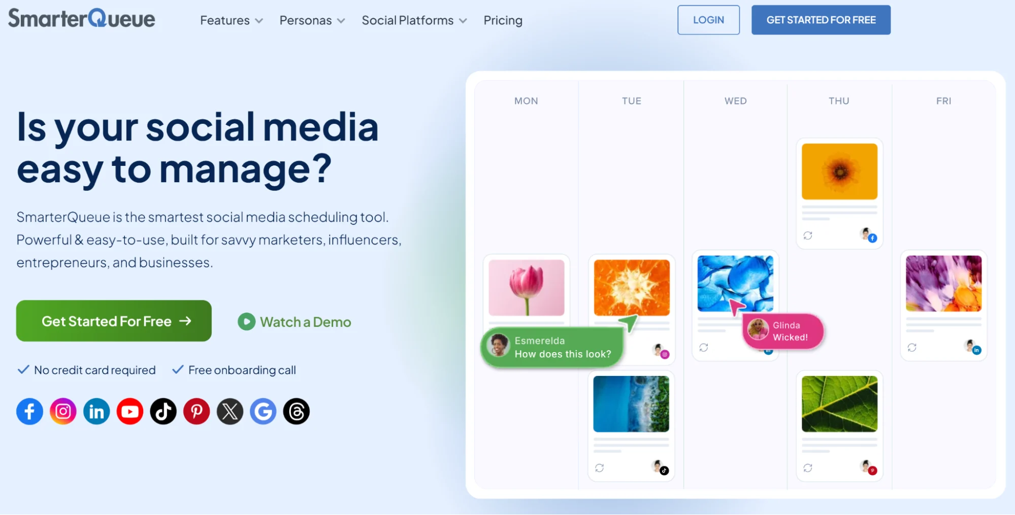 SmarterQueue’s visually rich, collaborative social media scheduling calendar on their homepag