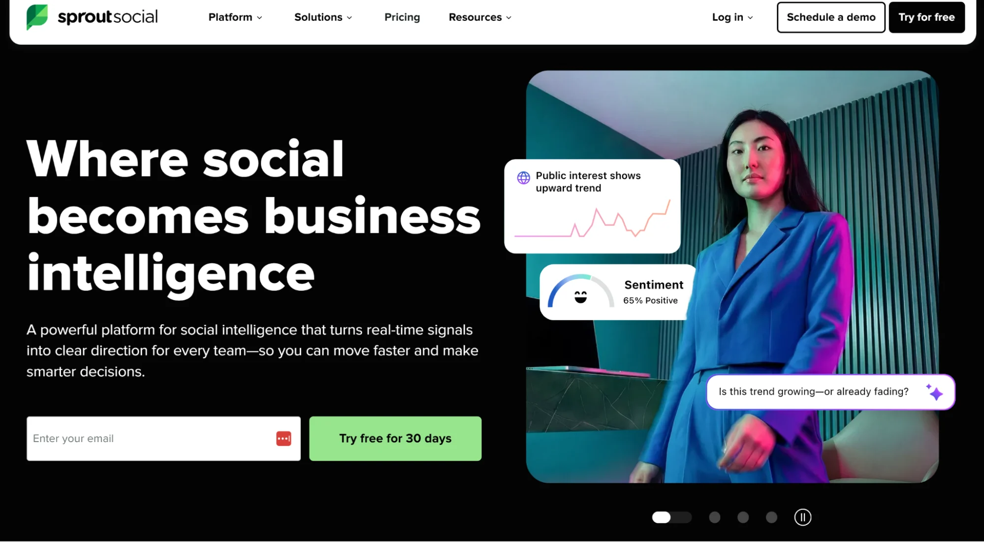 Sprout Social’s homepage showing social mention capabilities.