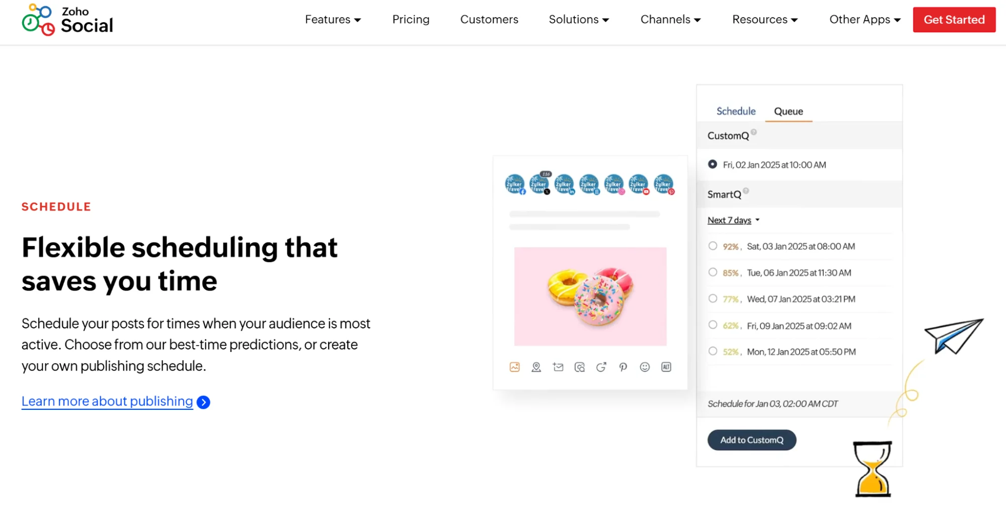 Zoho Social social media scheduler’s capabilities on their homepage