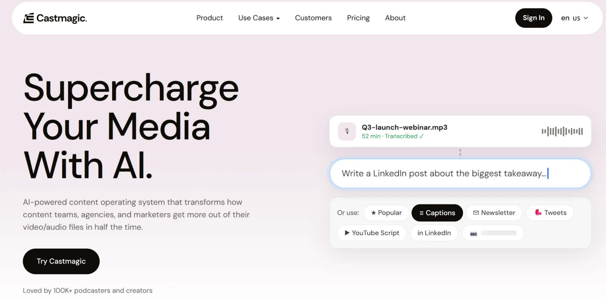 Castmagic’s homepage demonstrating its AI-powered content repurposing tool.