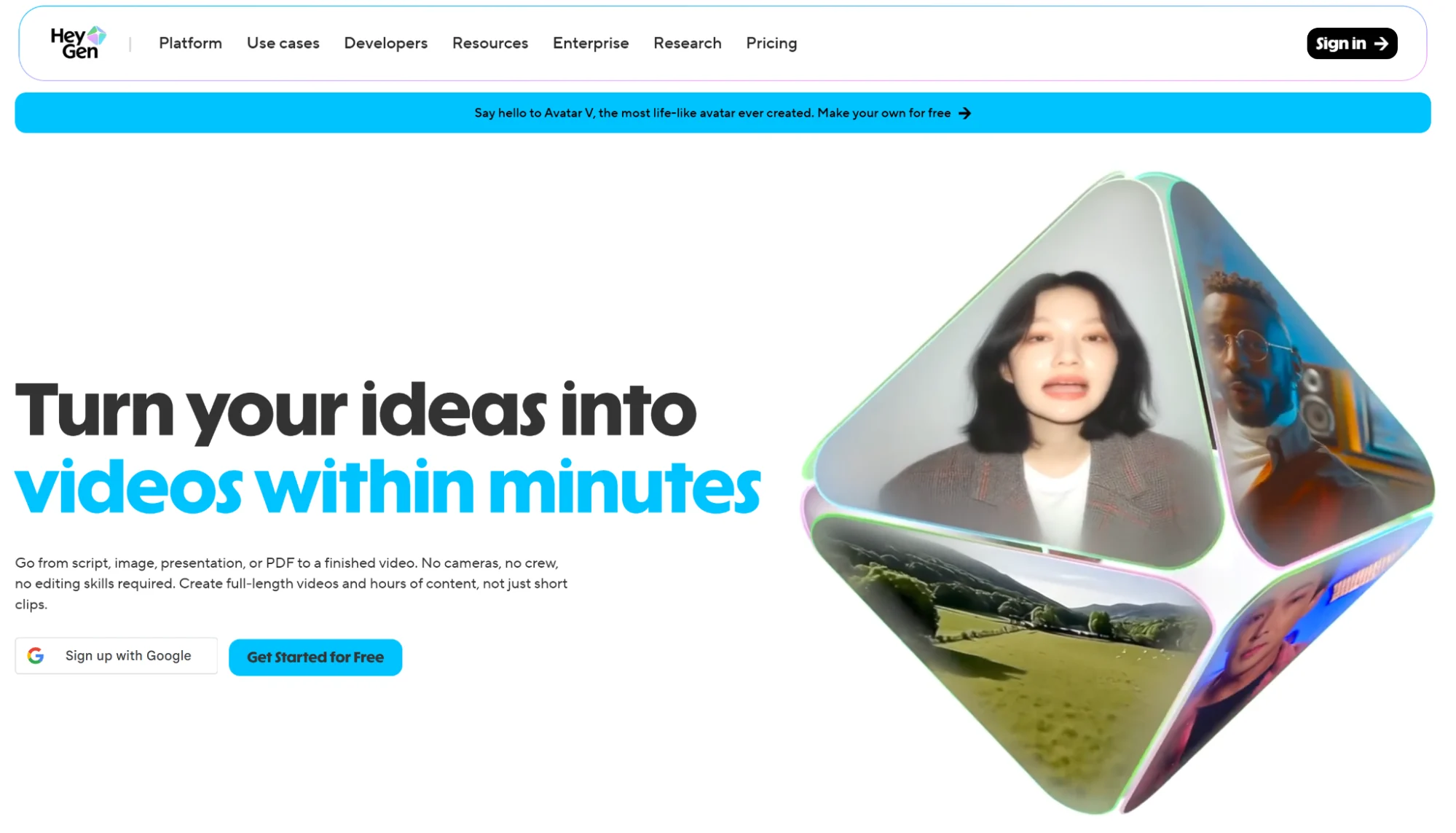 HeyGen’s homepage highlighting the tool’s capabilities in producing videos from scripts.