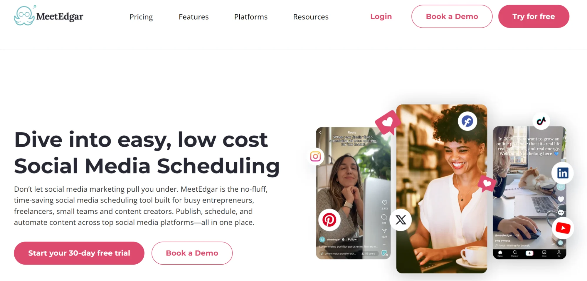 MeetEdgar’s homepage explaining what the solution does for marketers.