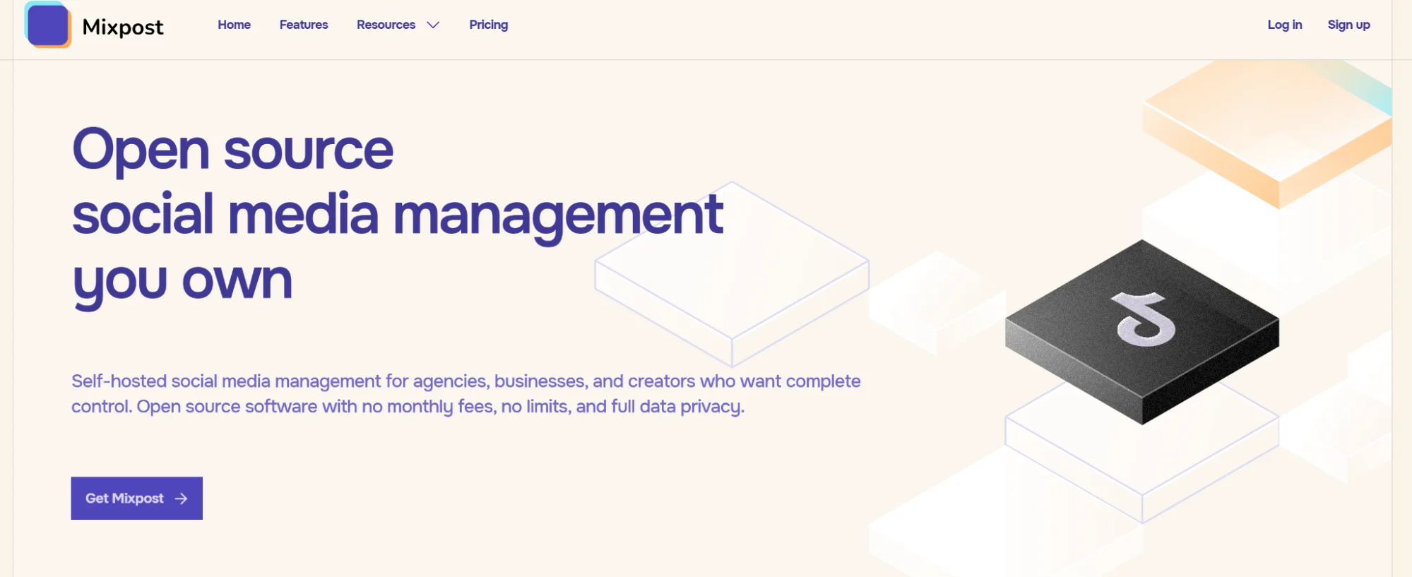 Mixpost’s homepage mentioning the benefits of the open-source, self-hosted platform