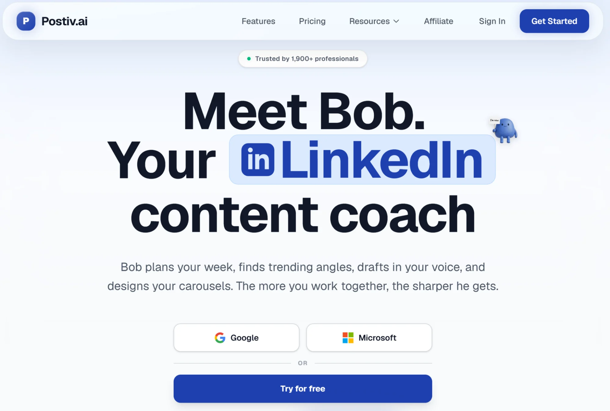 Postiv.ai’s homepage introducing its AI-powered content writer Bob