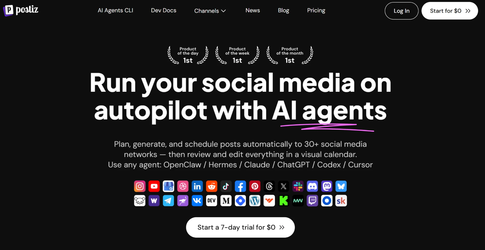 Postiz’s homepage showing the platforms it supports with its agentic features.