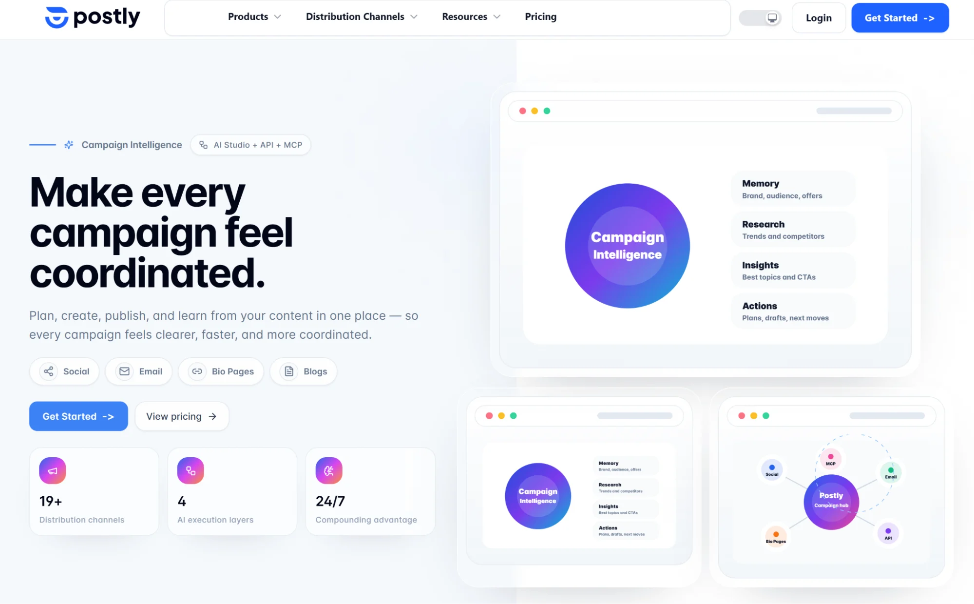 Postly.ai’s homepage showing its end-to-end content management features.