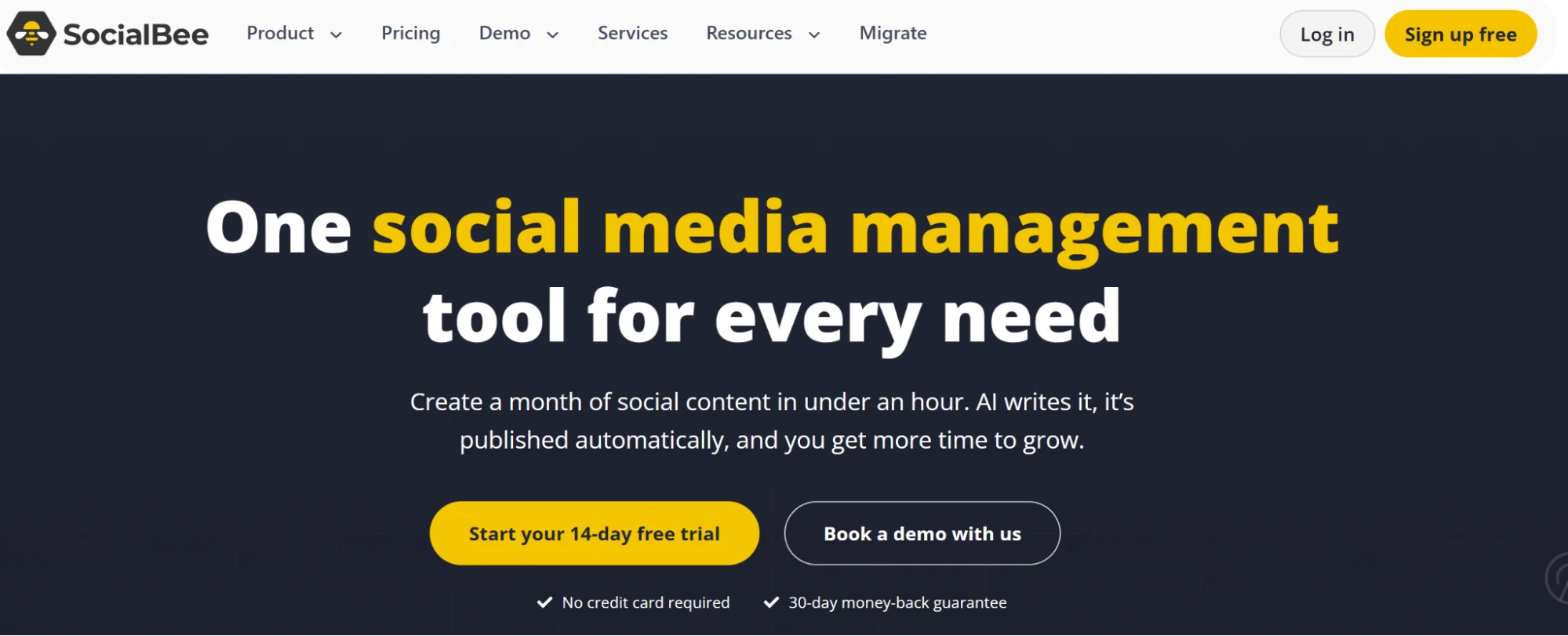 SocialBee’s homepage briefly summarizing the platform’s core features