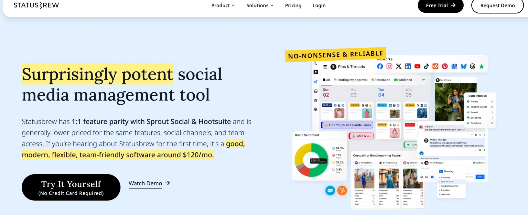 Statusbrew’s homepage showing it has all features of Sprout Social and Hootsuite
