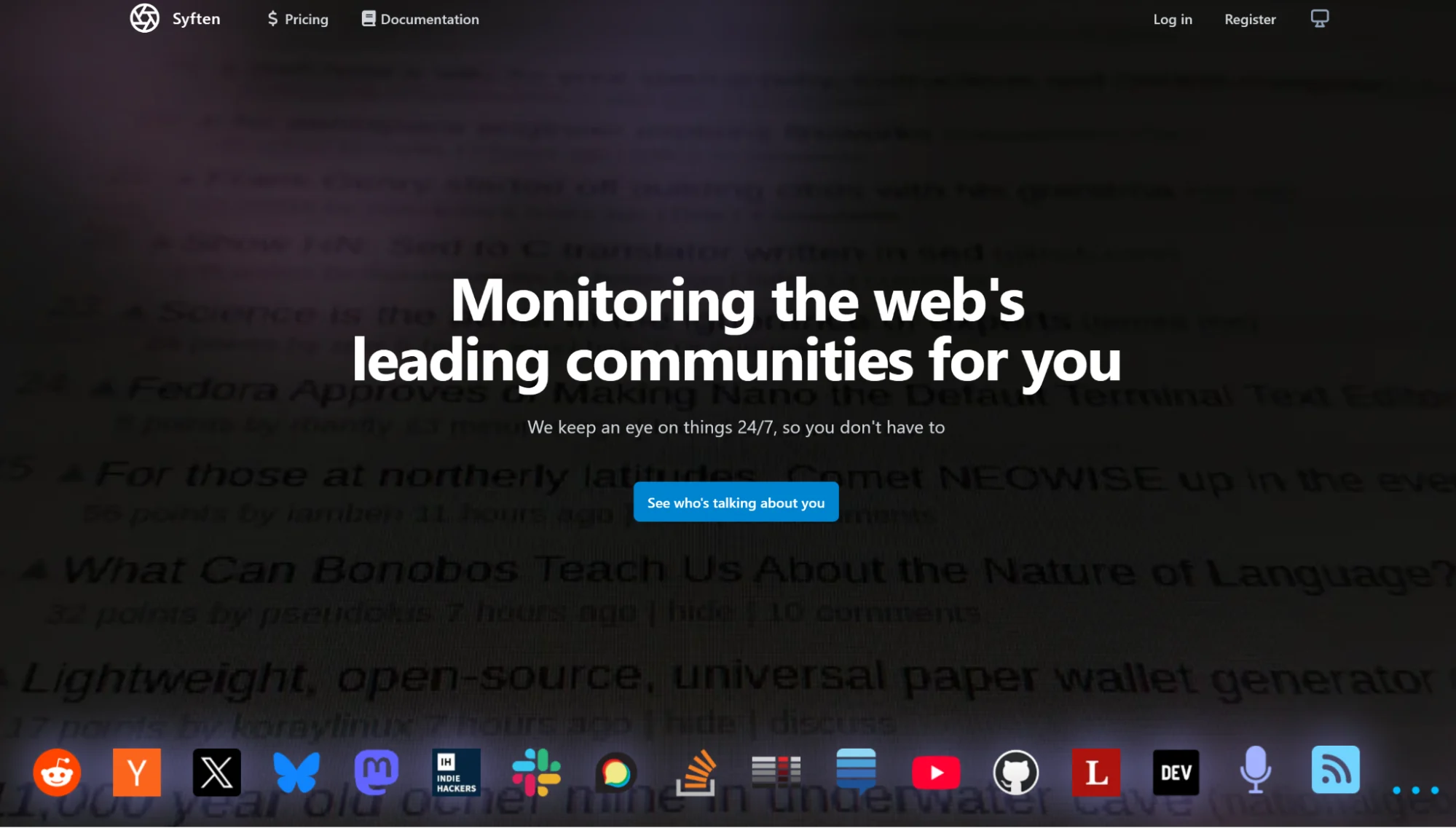 Syften’s homepage with all the logos of platforms and communities it tracks