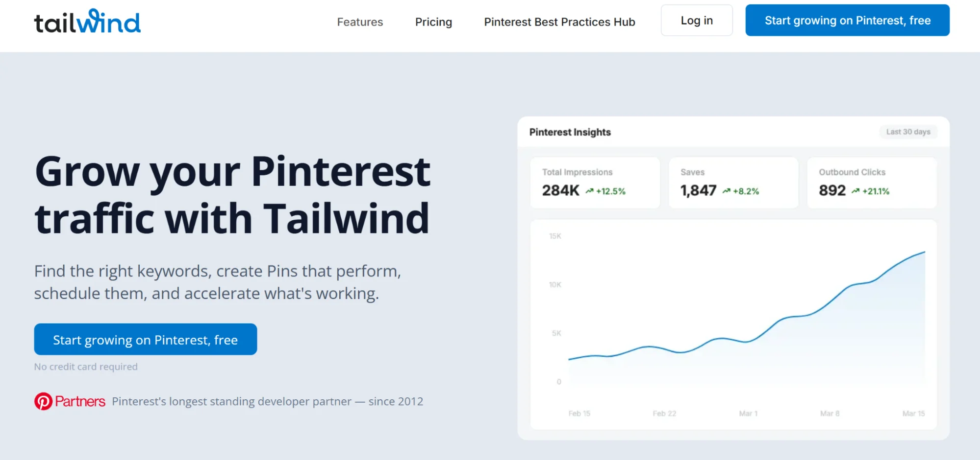Tailwind’s homepage highlighting the app’s core, Pinterest-focused offering