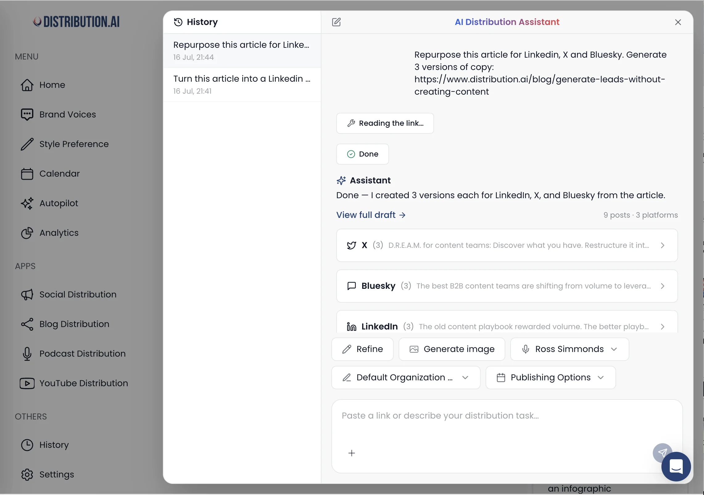 Distribution.ai AI Chat generating LinkedIn, X, and Bluesky posts from one article