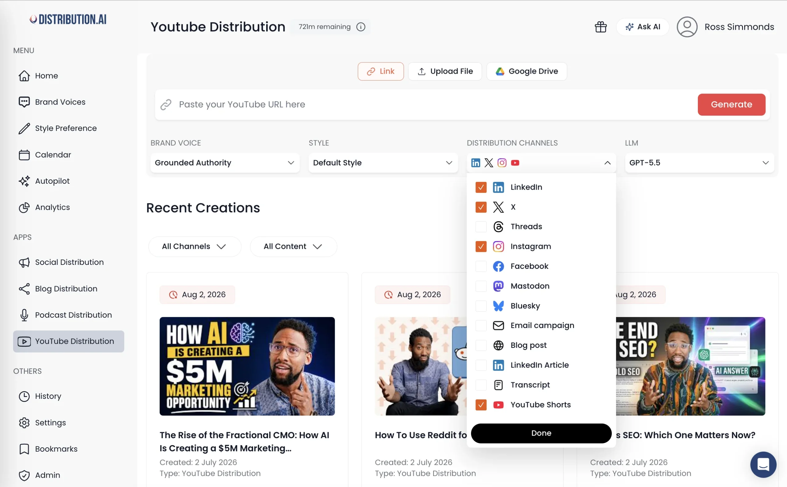 Distribution.ai selecting distribution channels to repurpose one YouTube video across LinkedIn, X, Instagram, and Shorts