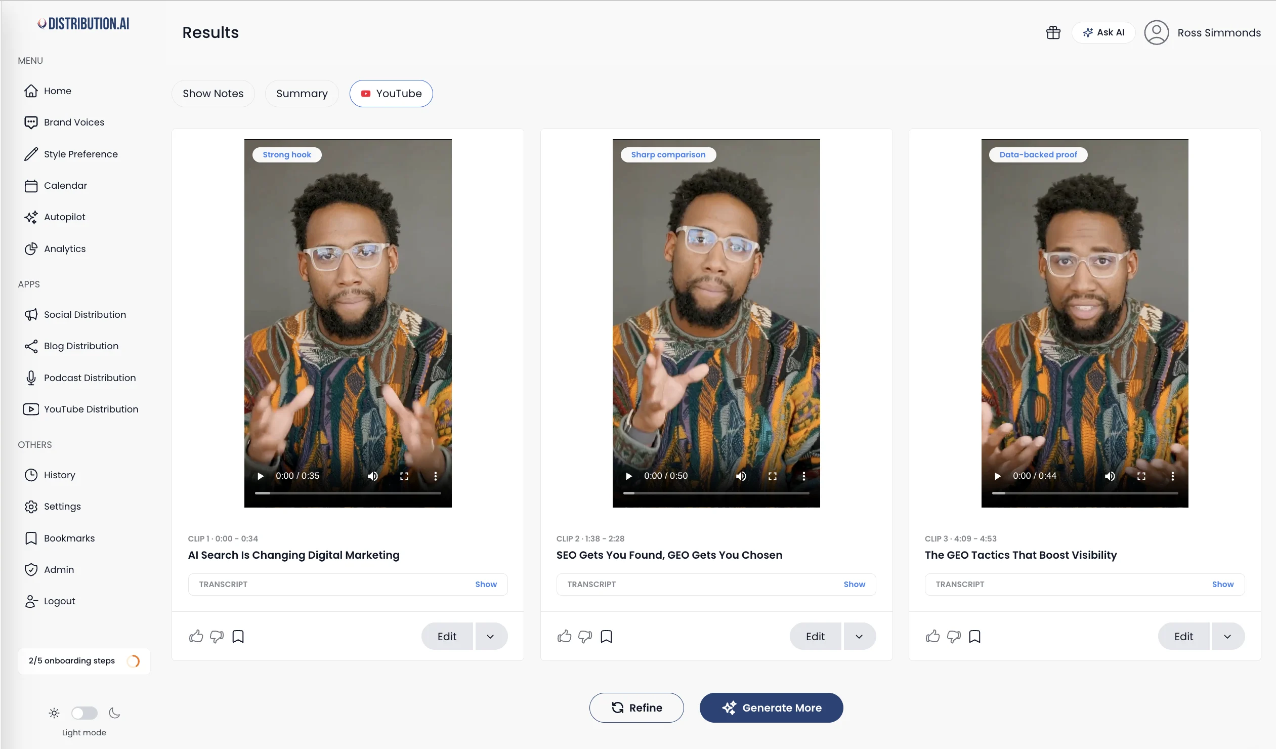 Distribution.ai AI video repurposing generating three YouTube Shorts from one video