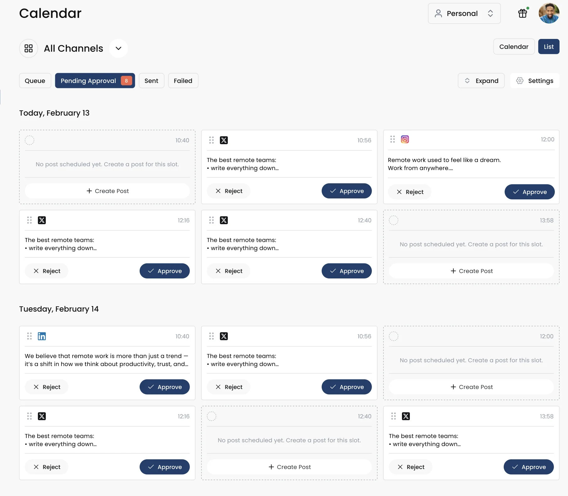 Distribution.ai content calendar list view showing scheduled posts and open slots across channels