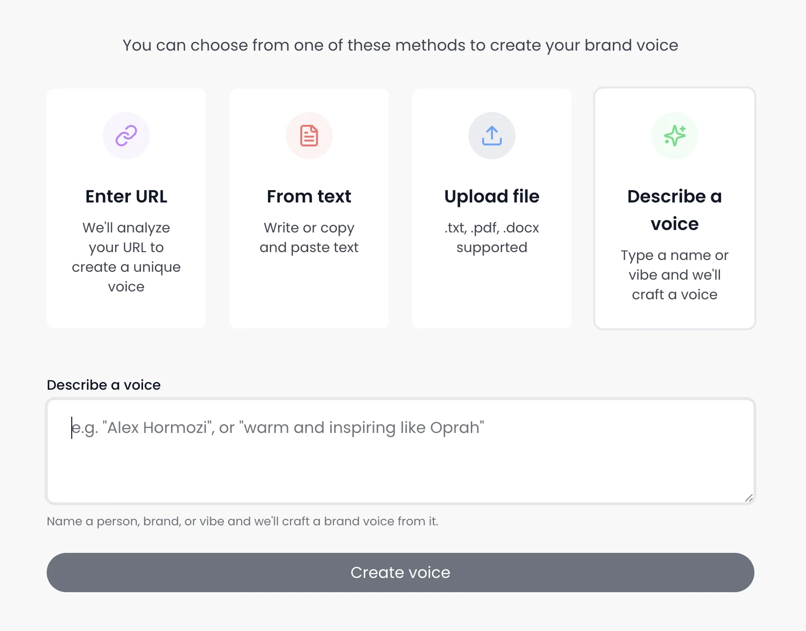Distribution.ai Describe a Voice feature with four brand voice creation methods