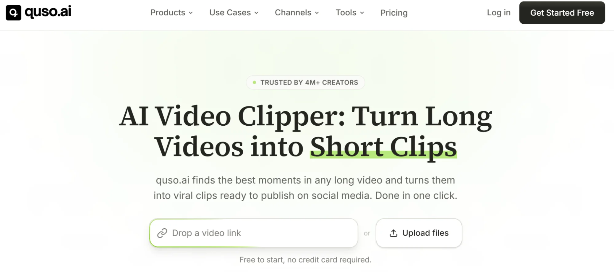 quso.ai’s homepage mentioning its core offering and a field to paste a link for repurposing.