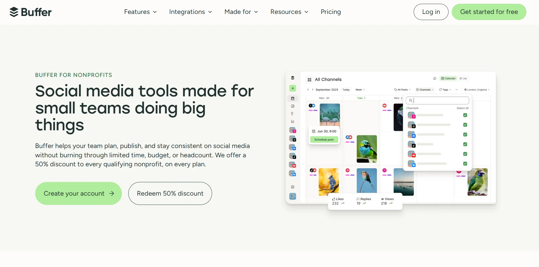 Buffer for Nonprofits landing page promoting social media planning and publishing tools for small teams, with a 50% discount offer and a content calendar dashboard previ