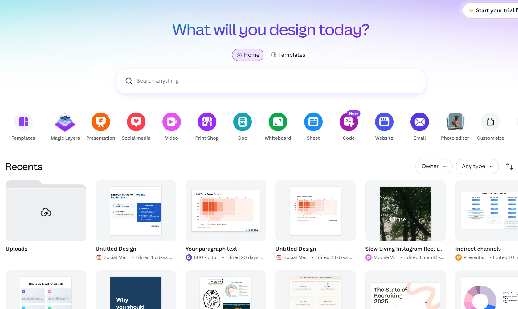 Canva homepage dashboard showing design category shortcuts including templates, social media, video, and whiteboard, with a grid of user projects.