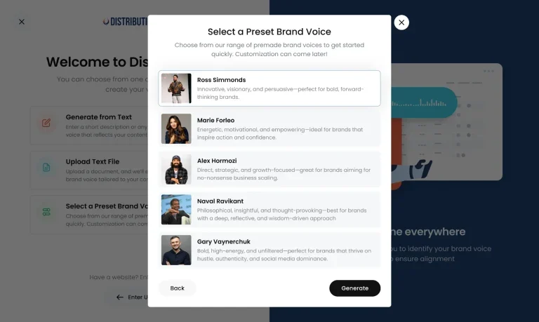 Distribution.ai brand voice selection screen showing five preset options, Ross Simmonds, Marie Forleo, Alex Hormozi, Naval Ravikant, and Gary Vaynerchuk, each with a bri