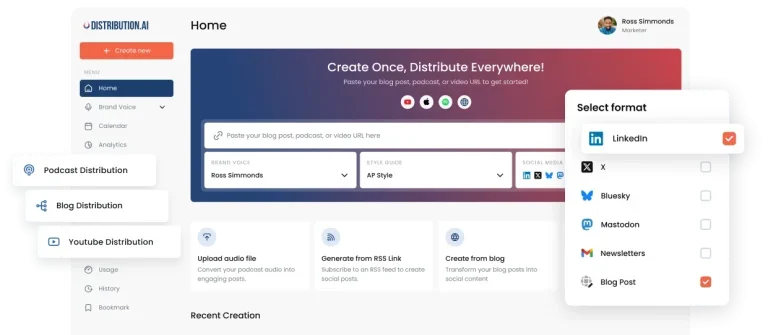 Distribution.ai dashboard showing content repurposing options across LinkedIn, X, Bluesky, Mastodon, newsletters, and blog posts, with inputs for brand voice and style g