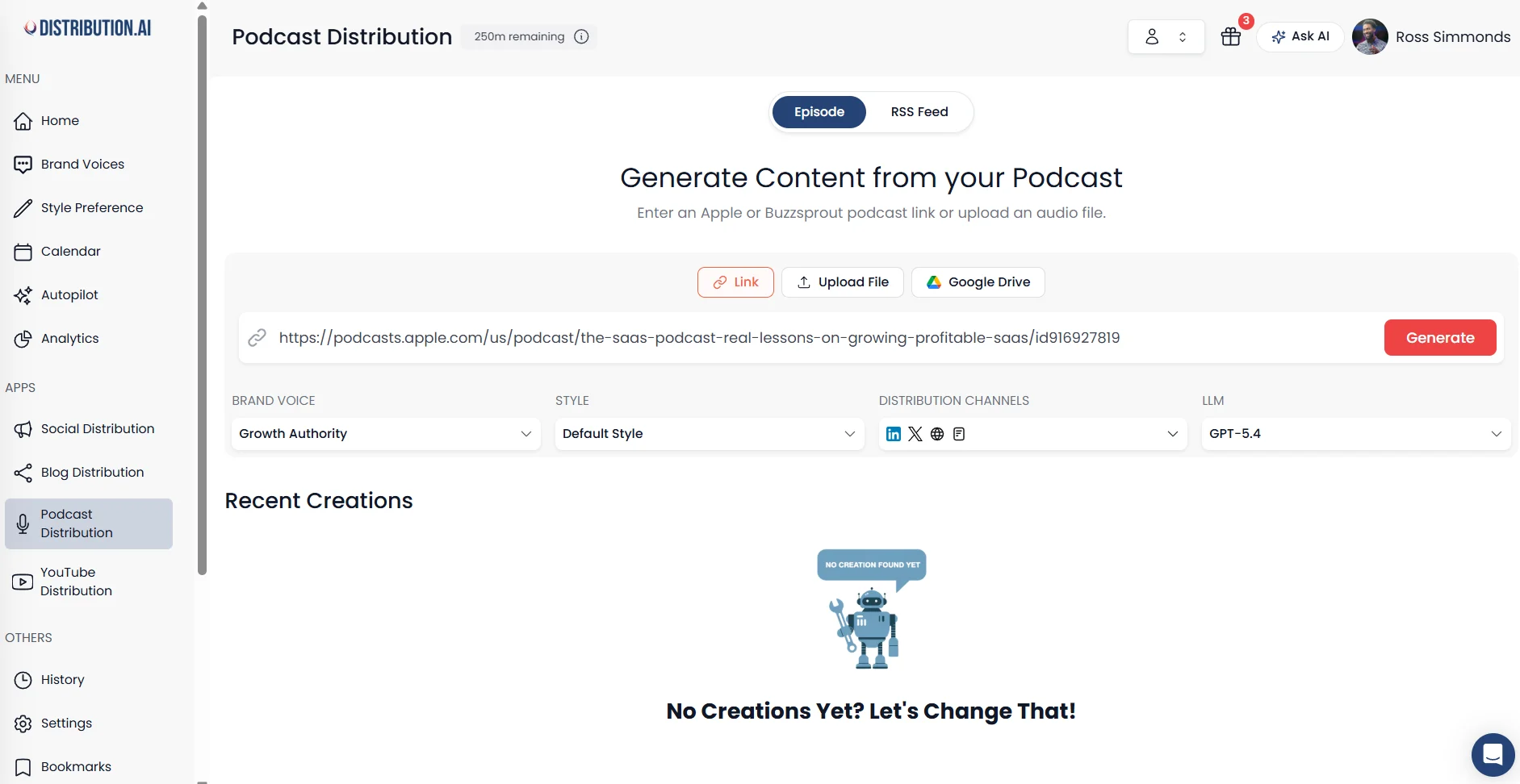 Distribution.ai’s Podcast Distribution dashboard showing a podcast link pasted into the generator, with brand voice, style, and distribution channel settings selected.