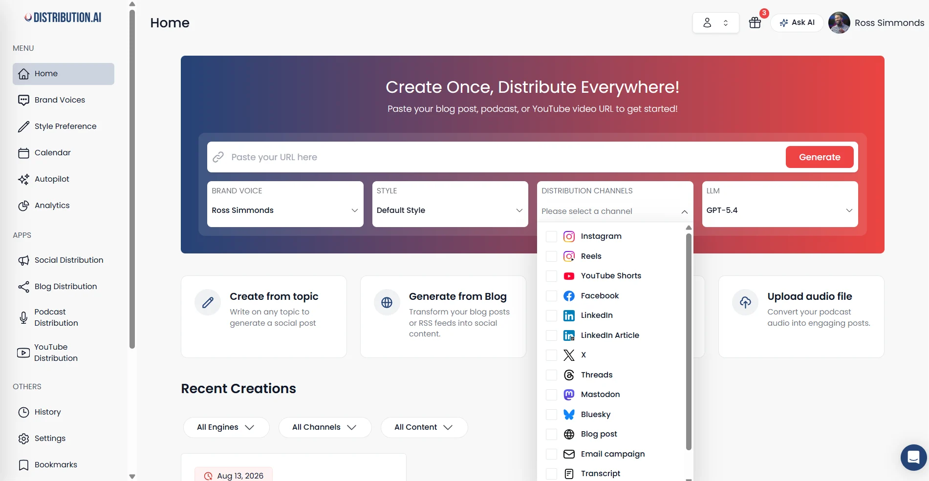 Distribution.ai’s home dashboard showing the interface, with a URL input field, brand voice and style selectors, and a distribution channels dropdown displaying platform