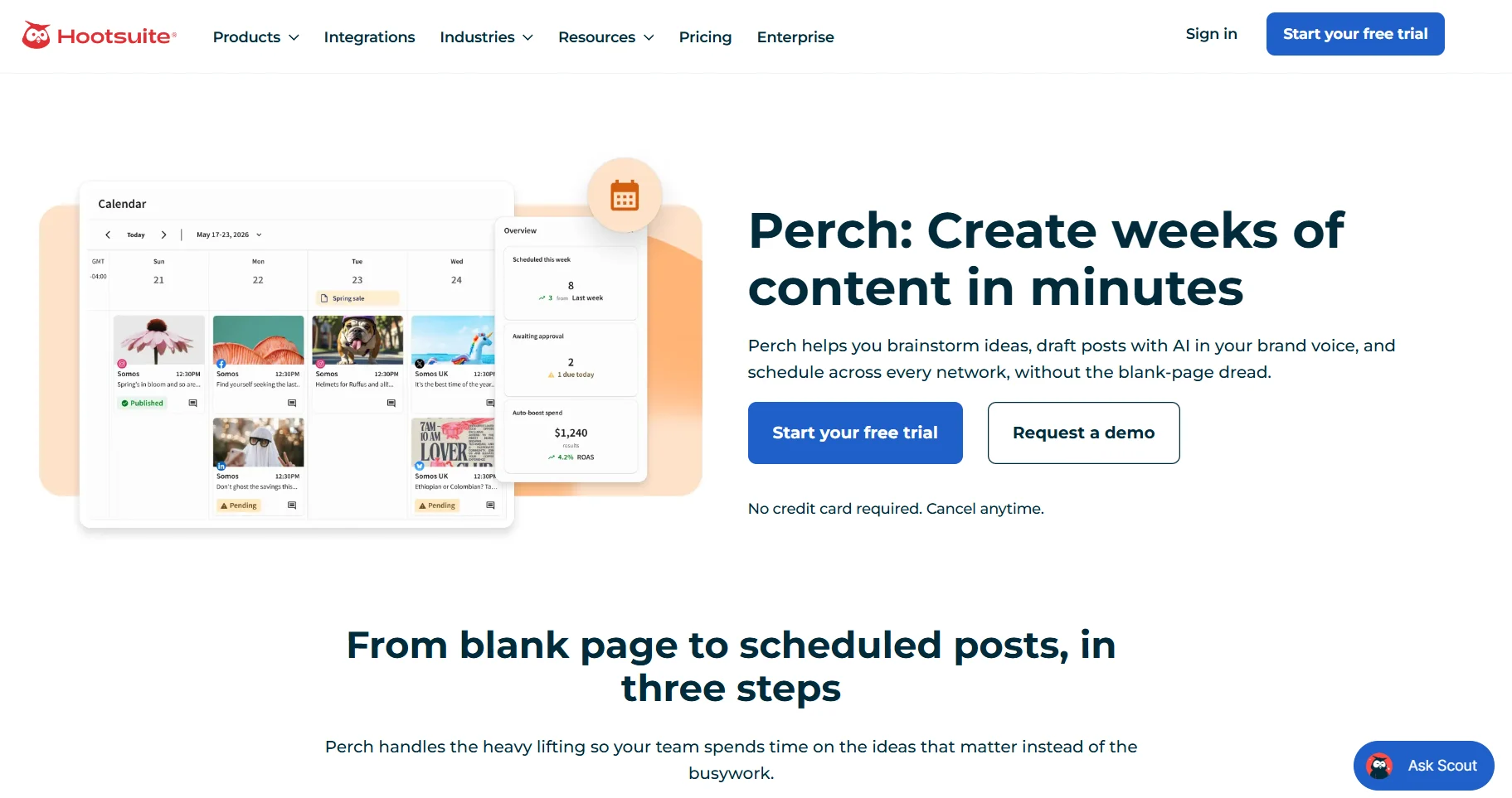 Hootsuite’s Perch feature page promoting AI-assisted content drafting and scheduling, with a content calendar preview showing scheduled and pending posts across multiple