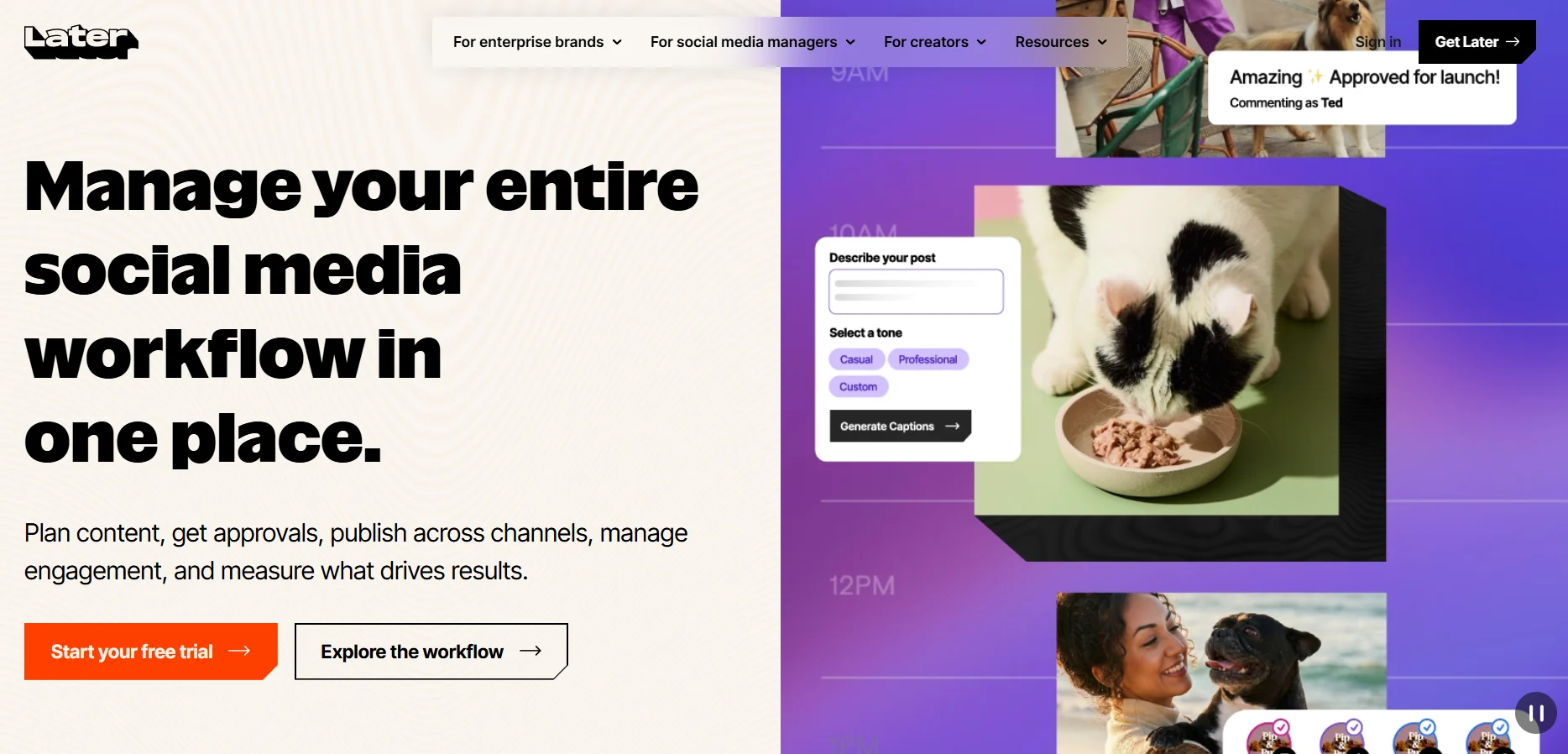 Later homepage promoting an all-in-one social media workflow platform, with a visual scheduler showing content approval and an AI caption generation panel.